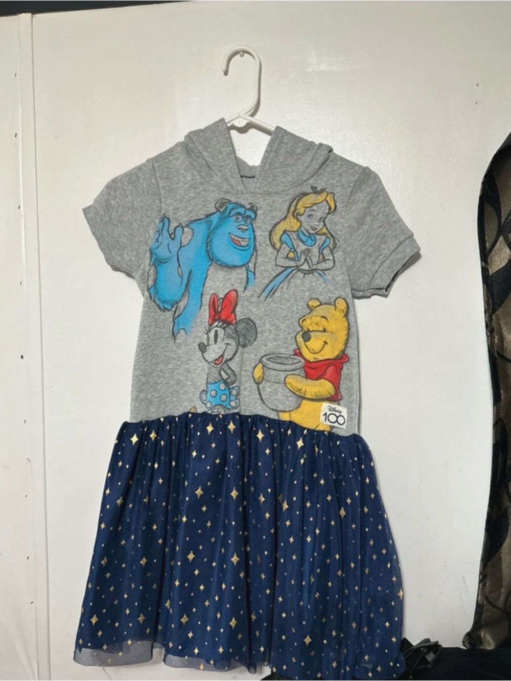 Disney Girls Grey Hoodie Dress with Navy Gold Star Skirt